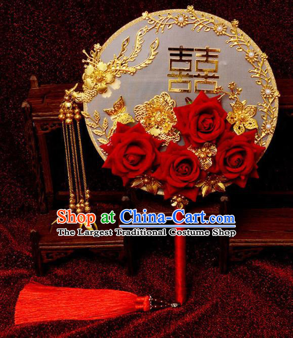 Traditional Chinese Handmade Court Wedding Red Roses Round Fans Ancient Bride Palace Fan Accessories for Women