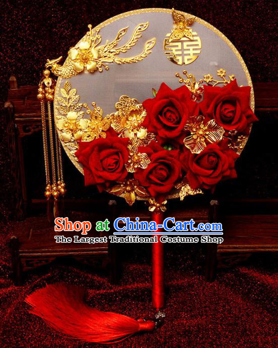 Traditional Chinese Handmade Court Wedding Round Fans Ancient Bride Red Roses Palace Fan for Women