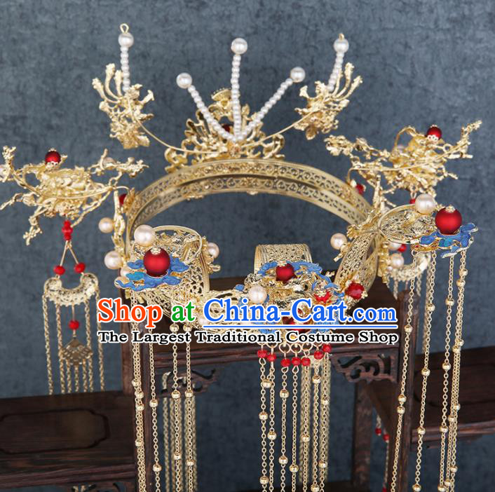 Traditional Chinese Wedding Blueing Phoenix Coronet Luxury Hair Accessories Ancient Bride Hairpins Complete Set for Women