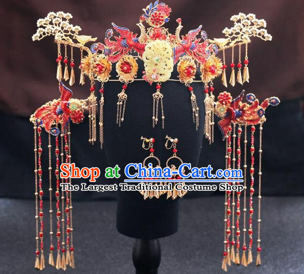 Traditional Chinese Wedding Cloisonne Red Phoenix Coronet Luxury Jade Hair Accessories Ancient Bride Hairpins Complete Set for Women