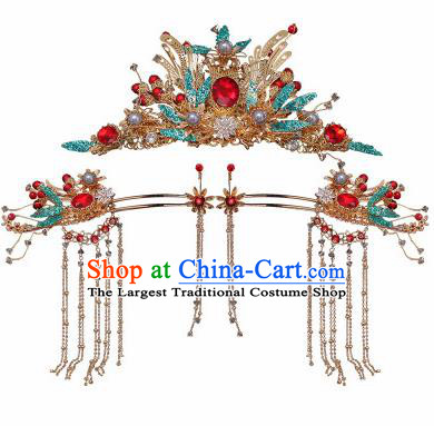 Traditional Chinese Wedding Red Crystal Phoenix Coronet Luxury Hair Accessories Ancient Bride Hairpins Complete Set for Women