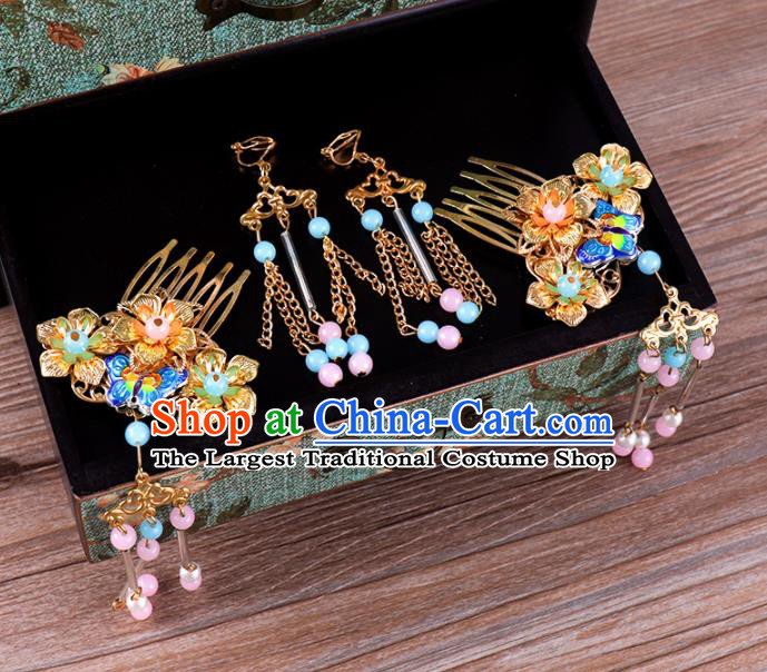 Traditional Chinese Wedding Blueing Hair Comb Luxury Hair Accessories Ancient Bride Hairpins Complete Set for Women