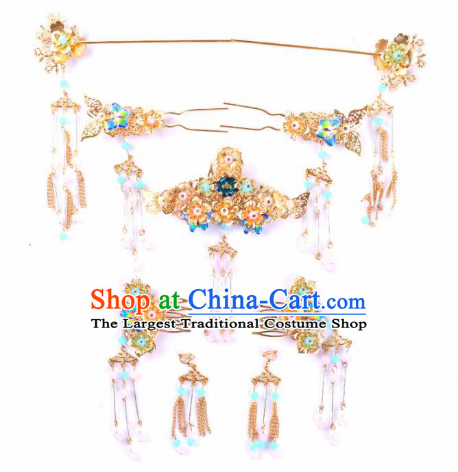 Traditional Chinese Wedding Blueing Hair Comb Luxury Hair Accessories Ancient Bride Hairpins Complete Set for Women
