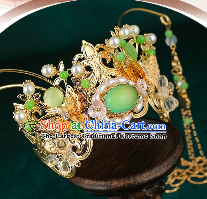 Traditional Chinese Wedding Pearls Green Hair Crown Hair Accessories Ancient Bride Tassel Hairpins Complete Set for Women
