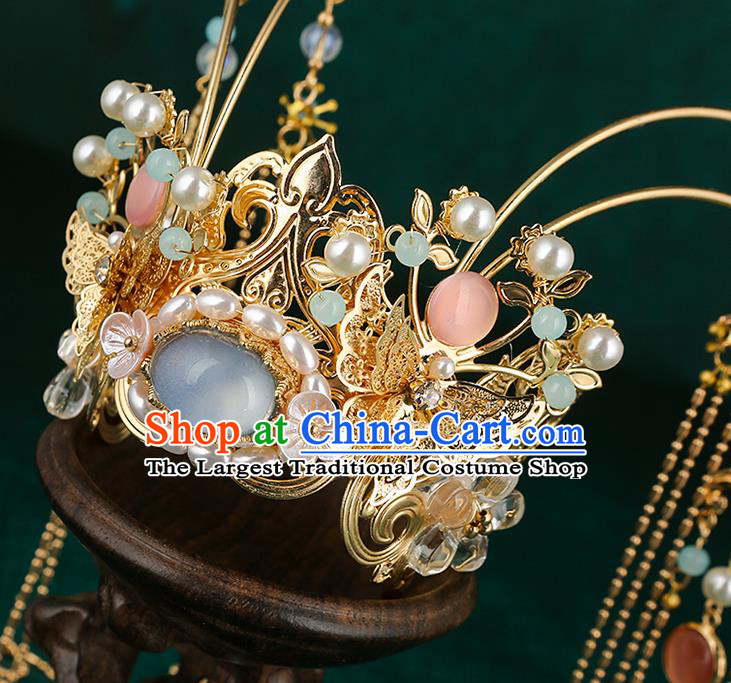 Traditional Chinese Wedding Pearls Blue Hair Crown Hair Accessories Ancient Bride Tassel Hairpins Complete Set for Women