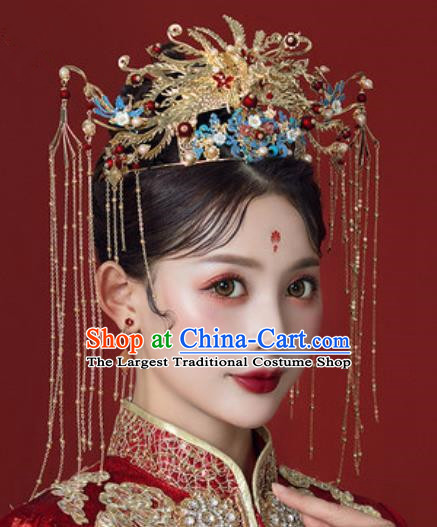 Traditional Chinese Wedding Court Phoenix Coronet Hair Accessories Ancient Bride Tassel Hairpins Complete Set for Women