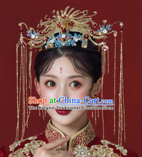Traditional Chinese Wedding Court Phoenix Coronet Hair Accessories Ancient Bride Tassel Hairpins Complete Set for Women