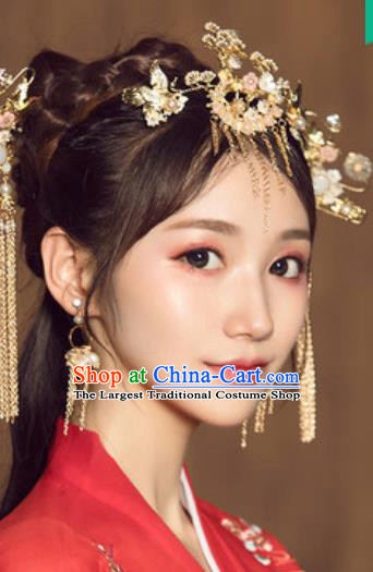 Traditional Chinese Wedding Court Crane Hair Crown Hair Accessories Ancient Bride Tassel Hairpins Complete Set for Women