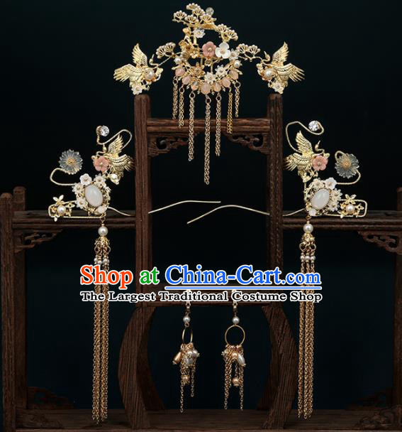 Traditional Chinese Wedding Court Crane Hair Crown Hair Accessories Ancient Bride Tassel Hairpins Complete Set for Women