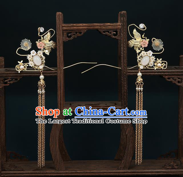 Traditional Chinese Wedding Court Crane Hair Crown Hair Accessories Ancient Bride Tassel Hairpins Complete Set for Women