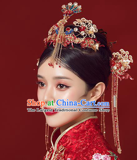 Traditional Chinese Wedding Court Cloisonne Pine Hair Crown Hair Accessories Ancient Bride Tassel Hairpins Complete Set for Women