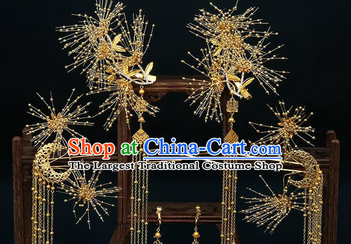 Traditional Chinese Wedding Court Golden Hair Clips Hair Accessories Ancient Bride Tassel Hairpins Complete Set for Women