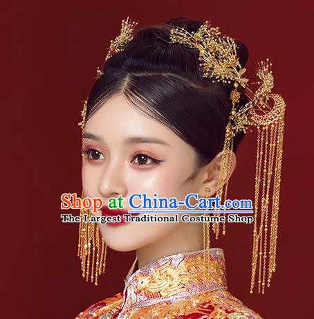 Traditional Chinese Wedding Court Golden Hair Clips Hair Accessories Ancient Bride Tassel Hairpins Complete Set for Women