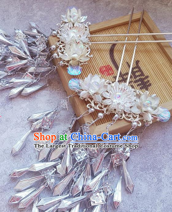 Traditional Chinese Hanfu White Lotus Tassel Hair Clip Ancient Court Queen Hairpins Handmade Hair Accessories for Women