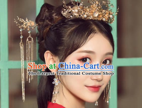 Traditional Chinese Wedding Golden Leaf Phoenix Coronet Luxury Hair Accessories Ancient Bride Hairpins Complete Set for Women