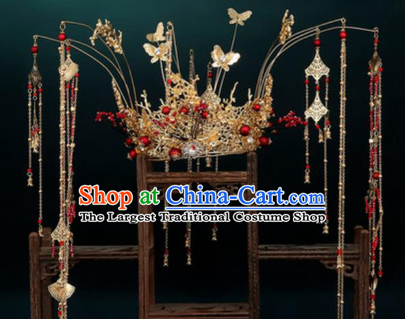Traditional Chinese Wedding Golden Butterfly Phoenix Coronet Hair Accessories Ancient Bride Tassel Hairpins Complete Set for Women