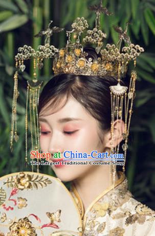 Traditional Chinese Wedding Court Crane Pine Phoenix Coronet Hair Accessories Ancient Bride Tassel Hairpins Complete Set