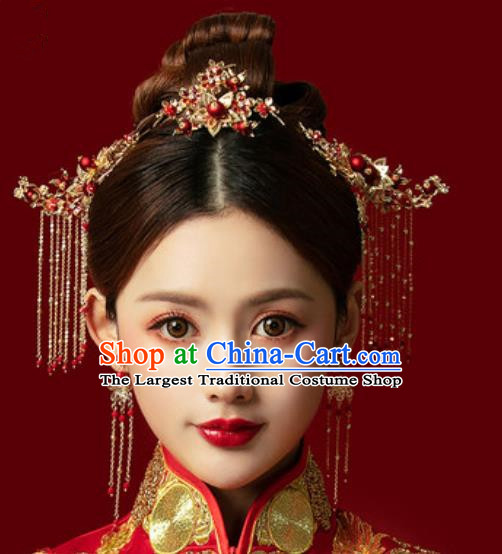 Traditional Chinese Wedding Hair Accessories Ancient Bride Tassel Hairpins Complete Set