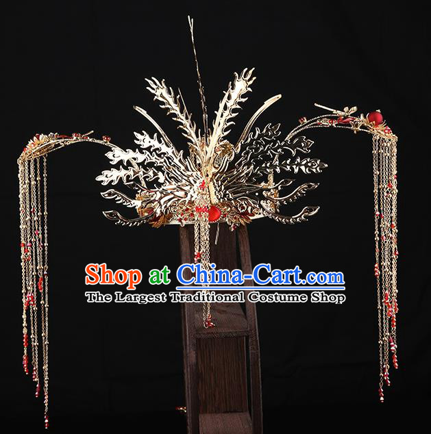 Traditional Chinese Wedding Golden Phoenix Coronet Hair Accessories Ancient Bride Tassel Hairpins Complete Set