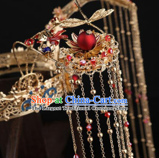 Traditional Chinese Wedding Golden Phoenix Coronet Hair Accessories Ancient Bride Tassel Hairpins Complete Set