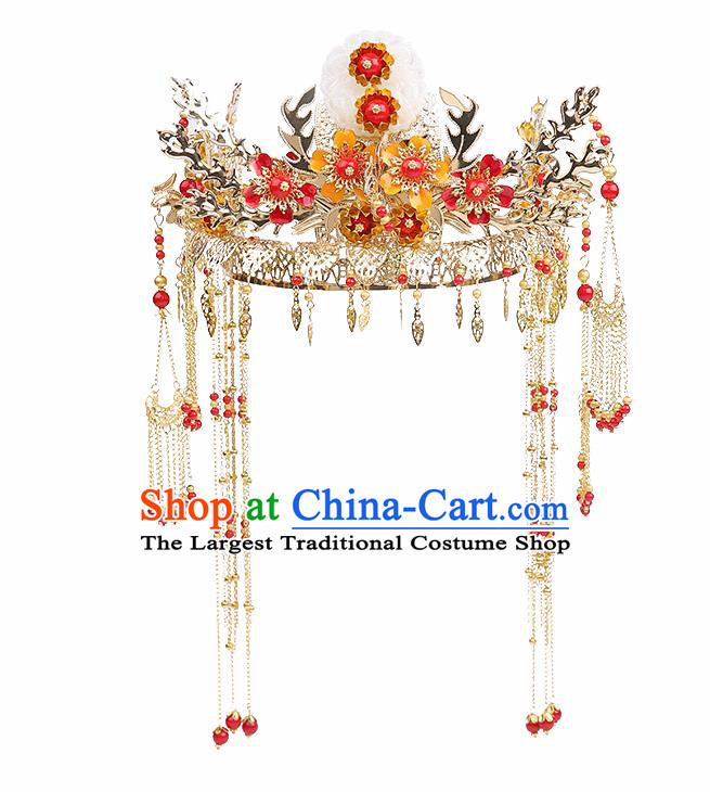 Traditional Chinese Handmade Wedding Jade Phoenix Coronet Ancient Bride Hairpins Luxury Hair Accessories Complete Set