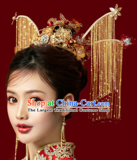 Traditional Chinese Wedding Luxury Tassel Phoenix Coronet Hair Accessories Ancient Bride Hairpins Complete Set