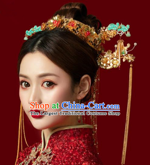 Traditional Chinese Wedding Luxury Blueing Cloud Phoenix Coronet Hair Accessories Ancient Bride Hairpins Complete Set