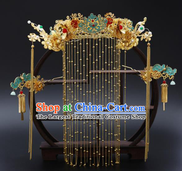 Traditional Chinese Wedding Luxury Blueing Cloud Phoenix Coronet Hair Accessories Ancient Bride Hairpins Complete Set