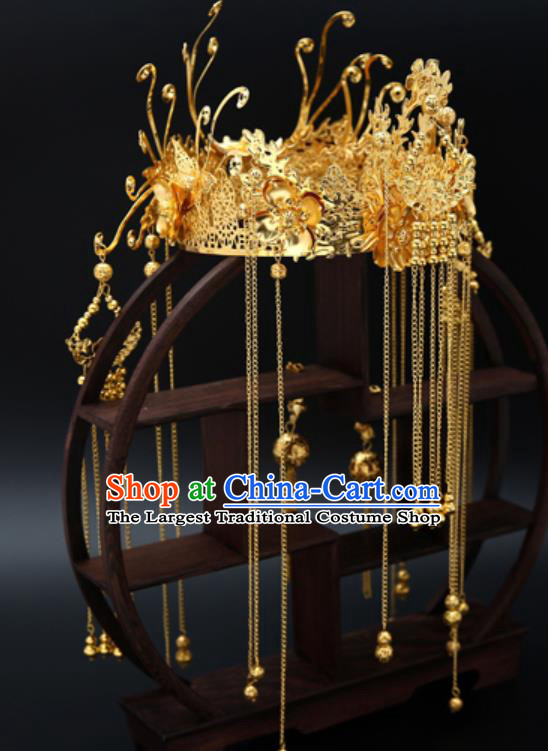 Traditional Chinese Wedding Luxury Golden Phoenix Coronet Hair Accessories Ancient Bride Hairpins Complete Set