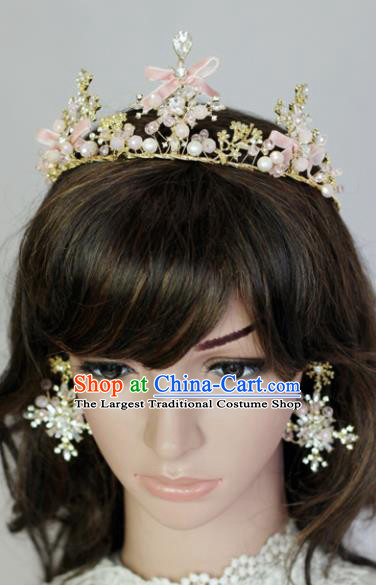 Handmade Baroque Princess Pink Bowknot Royal Crown Children Hair Clasp Hair Accessories for Kids