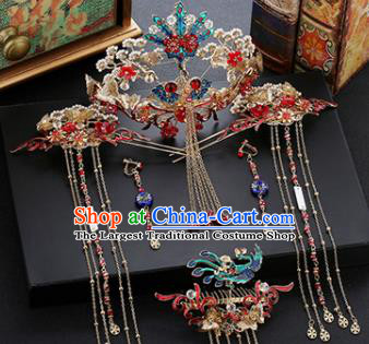 Traditional Chinese Wedding Blueing Phoenix Coronet Handmade Ancient Bride Hairpins Hair Accessories Complete Set