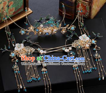 Traditional Chinese Wedding Handmade Blueing Birds Phoenix Coronet Ancient Bride Hairpins Hair Accessories Complete Set