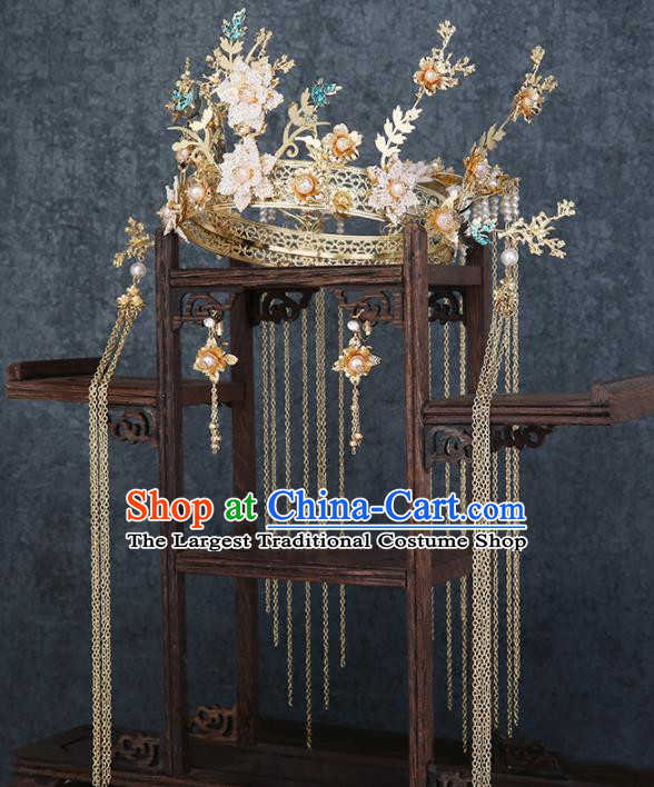 Traditional Chinese Wedding Handmade Flowers Phoenix Coronet Ancient Bride Hairpins Hair Accessories Complete Set