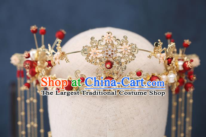 Traditional Chinese Wedding Handmade Red Beads Phoenix Coronet Ancient Bride Hairpins Hair Accessories Complete Set