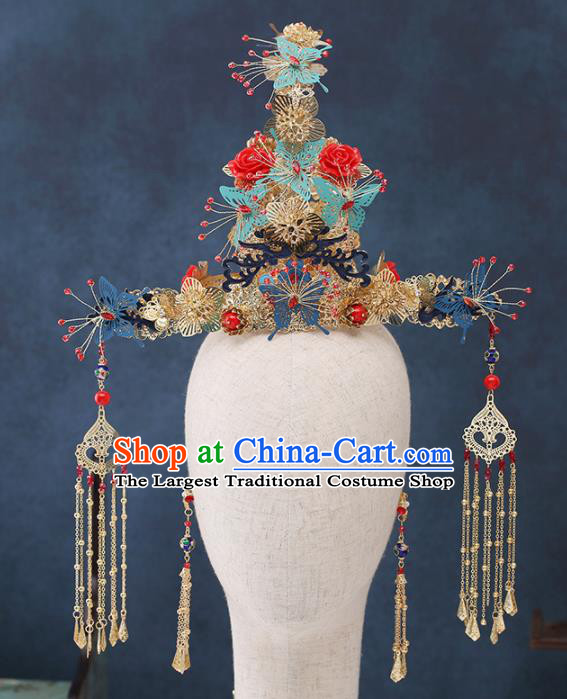 Traditional Chinese Wedding Handmade Red Roses Phoenix Coronet Ancient Bride Hairpins Hair Accessories Complete Set