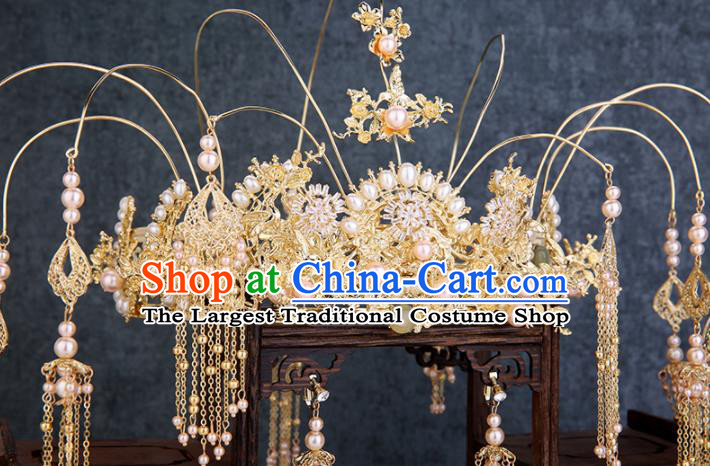 Traditional Chinese Wedding Handmade Pink Pearls Phoenix Coronet Ancient Bride Hairpins Hair Accessories Complete Set
