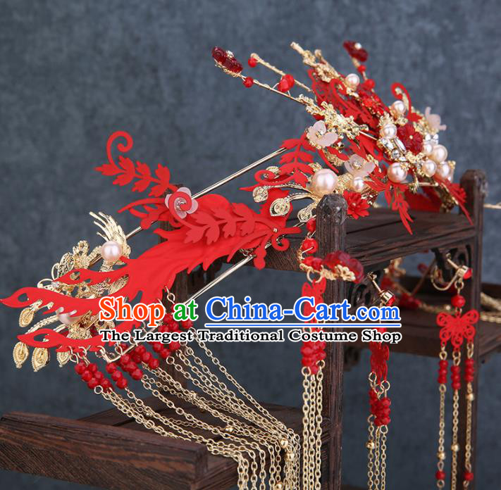 Traditional Chinese Wedding Handmade Red Phoenix Coronet Ancient Bride Hairpins Hair Accessories Complete Set