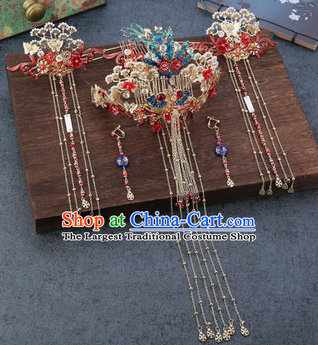 Traditional Chinese Wedding Handmade Phoenix Pine Hair Comb Ancient Bride Hairpins Hair Accessories Complete Set