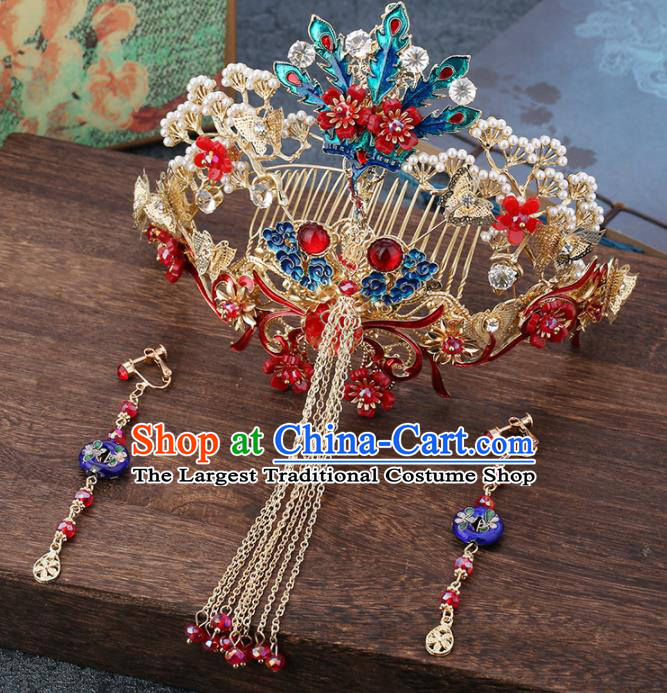 Traditional Chinese Wedding Handmade Phoenix Pine Hair Comb Ancient Bride Hairpins Hair Accessories Complete Set