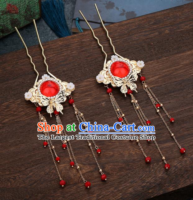 Traditional Chinese Wedding Handmade Red Crystal Hair Clasp Ancient Bride Hairpins Hair Accessories Complete Set