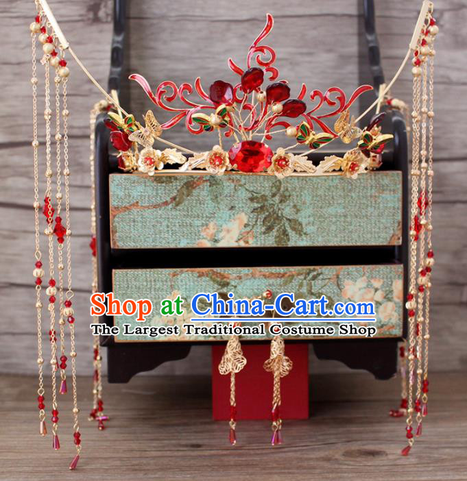 Traditional Chinese Wedding Handmade Red Phoenix Coronet Ancient Bride Hairpins Hair Accessories Complete Set