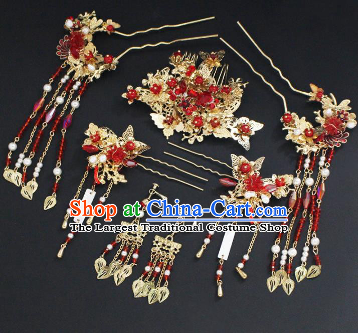 Traditional Chinese Wedding Handmade Red Crystal Hair Comb Ancient Bride Hairpins Hair Accessories Complete Set