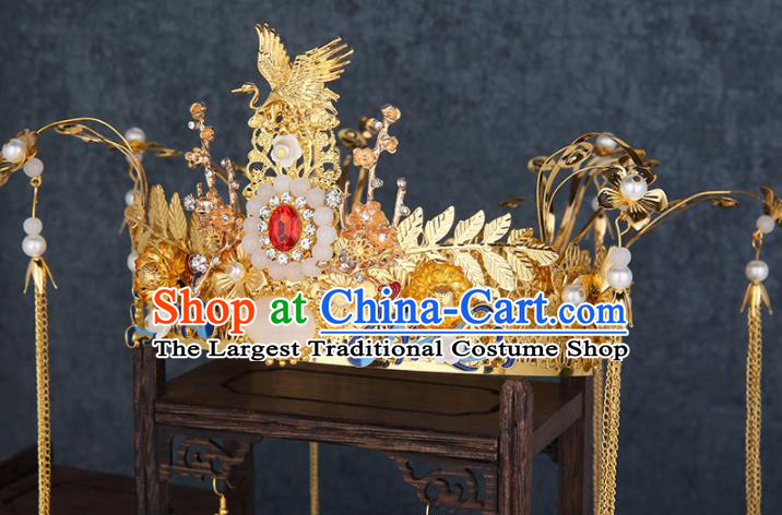 Traditional Chinese Wedding Handmade Crane Phoenix Coronet Ancient Bride Hairpins Hair Accessories Complete Set
