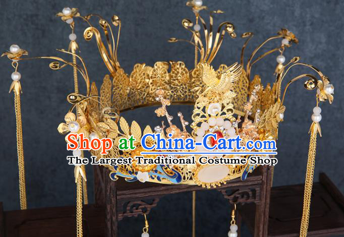 Traditional Chinese Wedding Handmade Crane Phoenix Coronet Ancient Bride Hairpins Hair Accessories Complete Set
