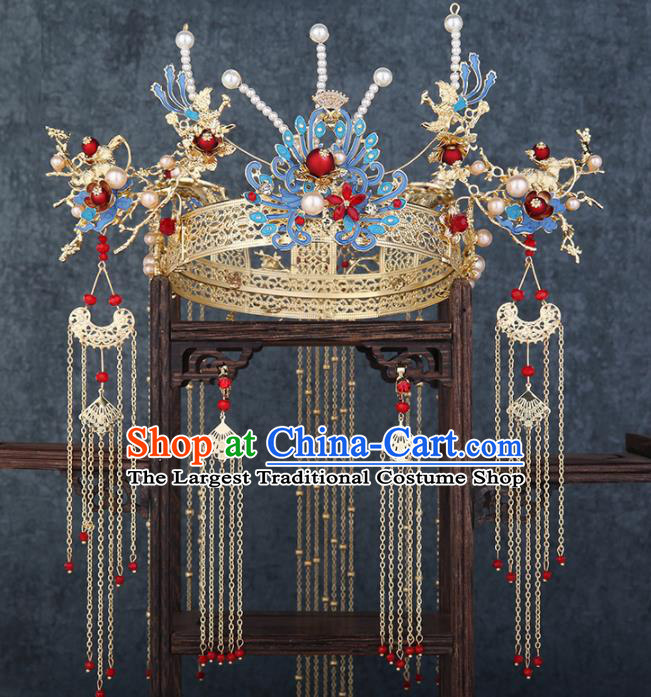 Traditional Chinese Wedding Handmade Blue Phoenix Coronet Ancient Bride Hairpins Hair Accessories Complete Set