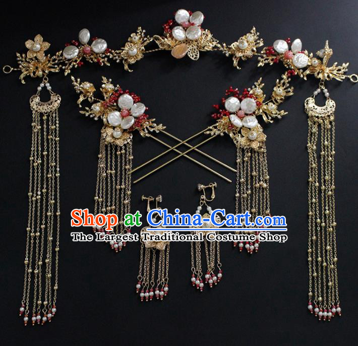 Traditional Chinese Wedding Handmade Shell Hair Clasp Ancient Bride Hairpins Hair Accessories Complete Set