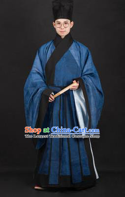 Traditional Chinese Ming Dynasty Scholar Replica Costumes Ancient Taoist Priest Blue Hanfu Clothing for Men