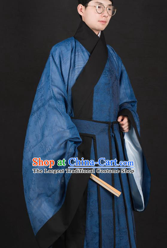 Traditional Chinese Ming Dynasty Scholar Replica Costumes Ancient Taoist Priest Blue Hanfu Clothing for Men