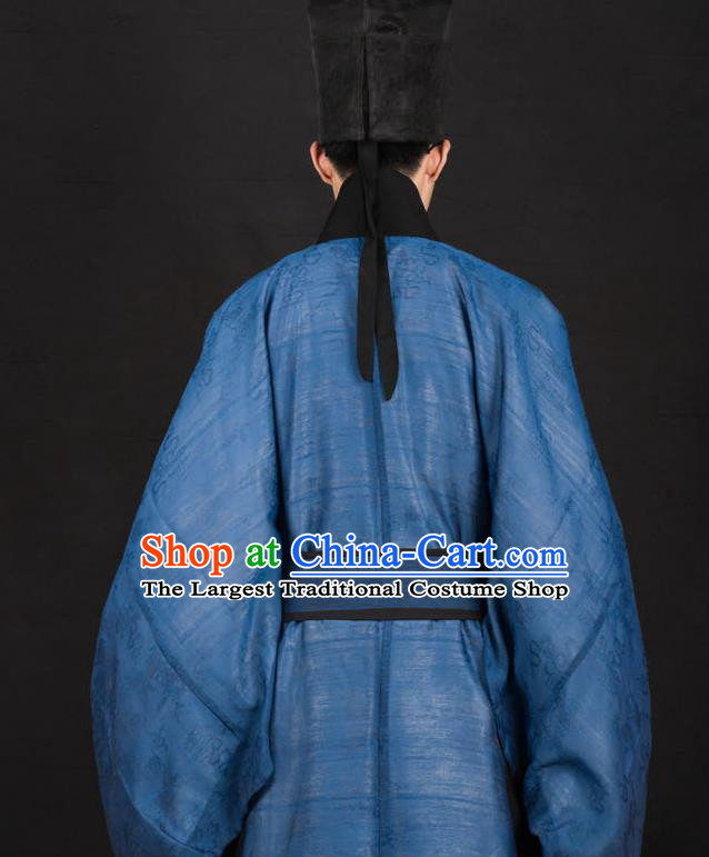 Traditional Chinese Ming Dynasty Scholar Replica Costumes Ancient Taoist Priest Blue Hanfu Clothing for Men