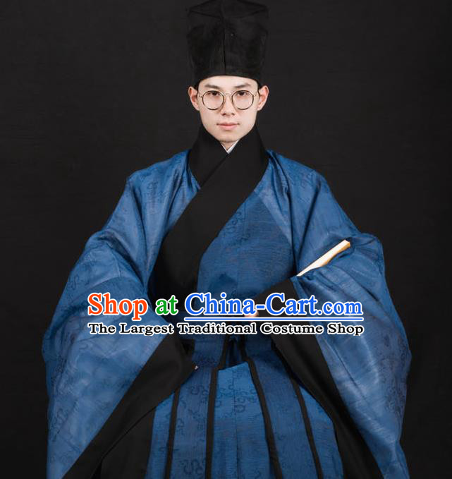 Traditional Chinese Ming Dynasty Scholar Replica Costumes Ancient Taoist Priest Blue Hanfu Clothing for Men